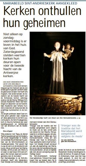 ANNA3 in de pers | 12 augustus 2013 | De Standaard | Kerken onthullen hun schatten | Mariabeeld Sint-Andrieskerk aangekleed